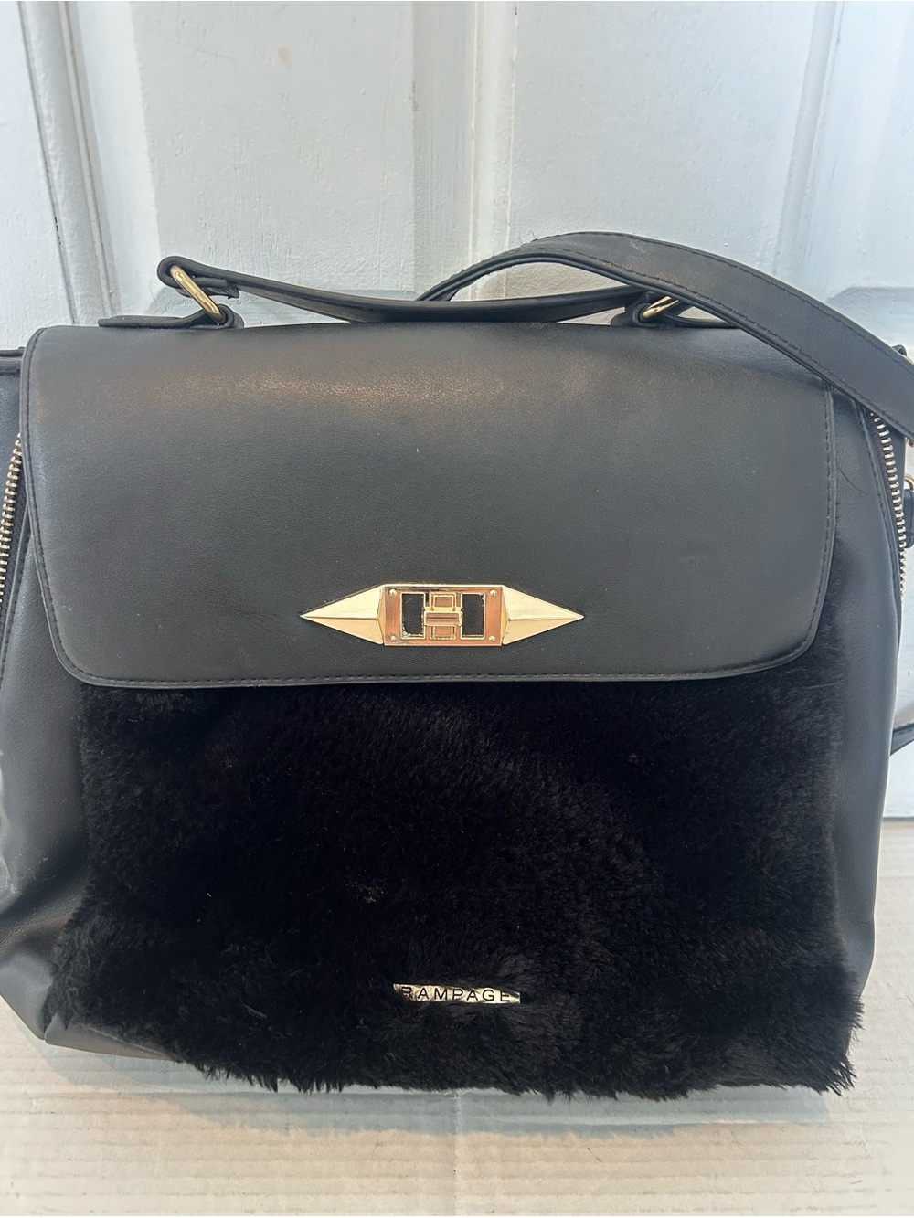 Rampage Black Faux Fur Shoulder Bag with Gold Hardware